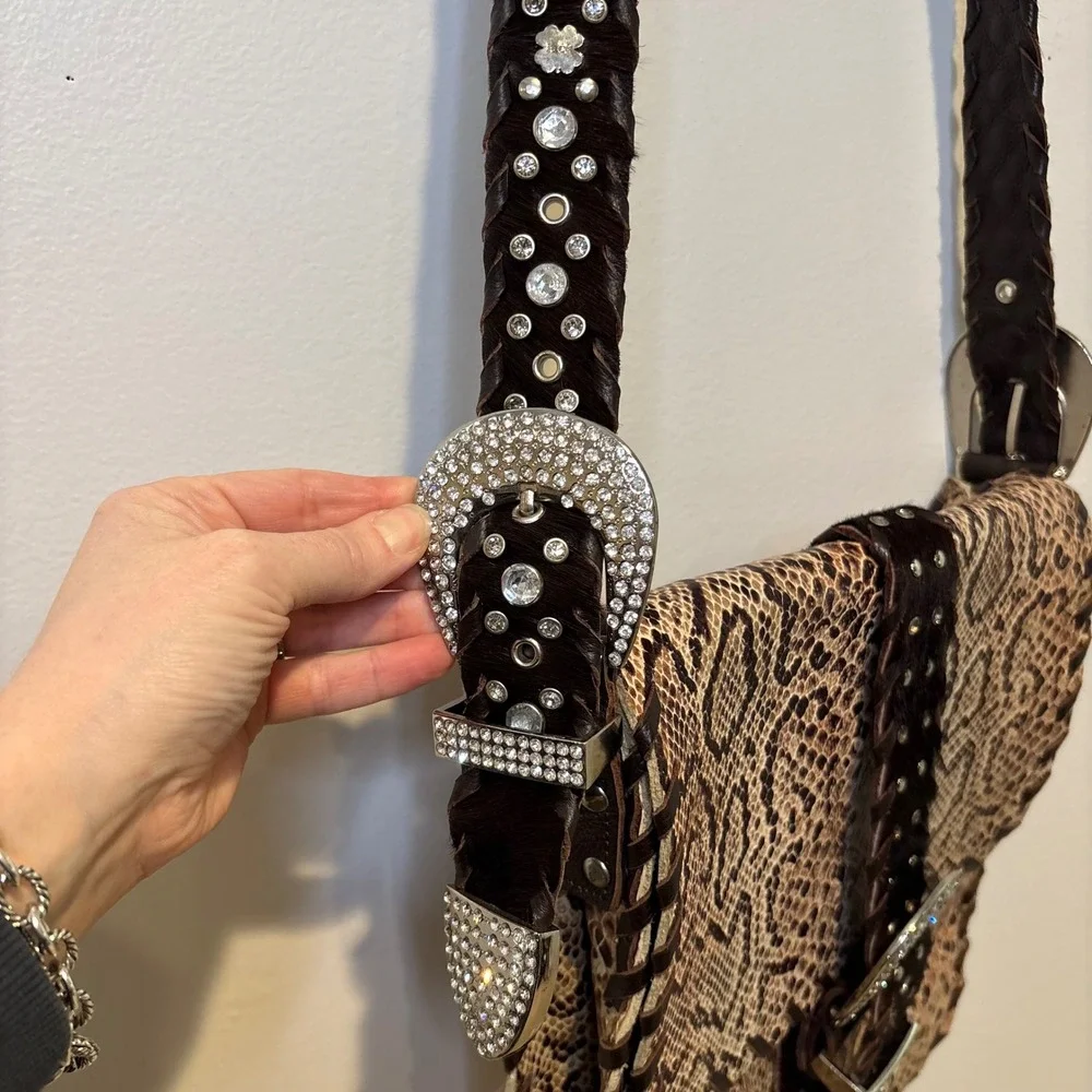Charm‎ & Luck Genuine Leather Hobo Snakeskin Bag Rhinestone Cowgirl Festival